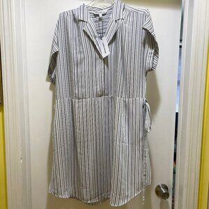Elizabeth & James Women Dress L Blue White Pin Stripe Belted Pockets NWT DEFECT